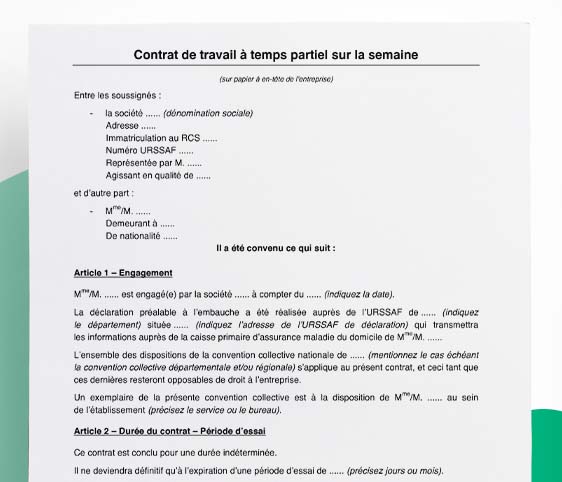 Contrat de travail à temps partiel sur la semaine
