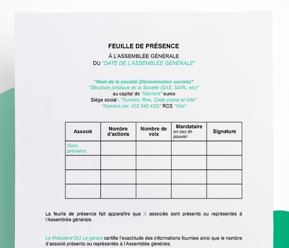 Feuille de présence pour l'Assemblée générale