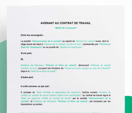 Modèle d'avenant au contrat de travail