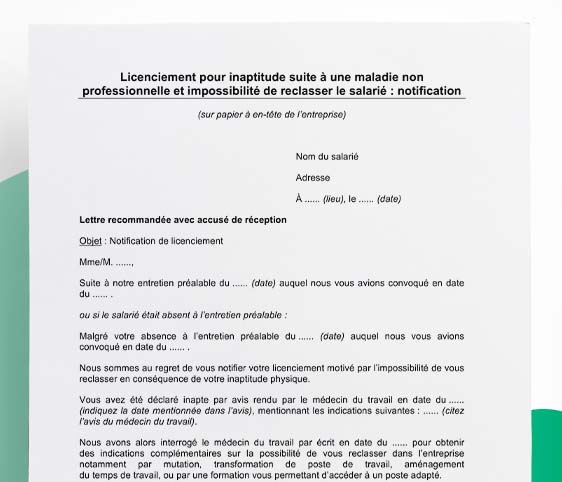 Notification de licenciement pour inaptitude suite à une maladie non professionnelle