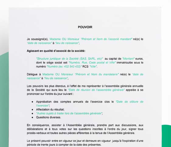 Pouvoir pour l'Assemblée générale